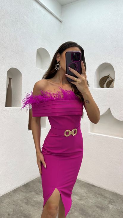 Fuchsia Boat Neck Evening Dress with Feathered Bust