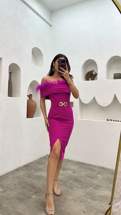 Fuchsia Boat Neck Evening Dress with Feathered Bust