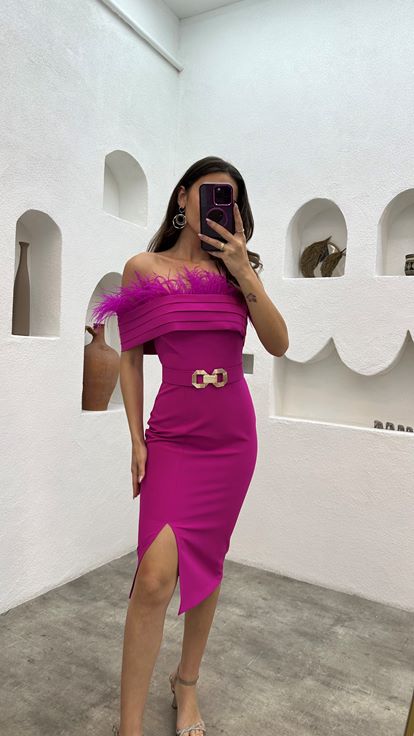 Fuchsia Boat Neck Evening Dress with Feathered Bust