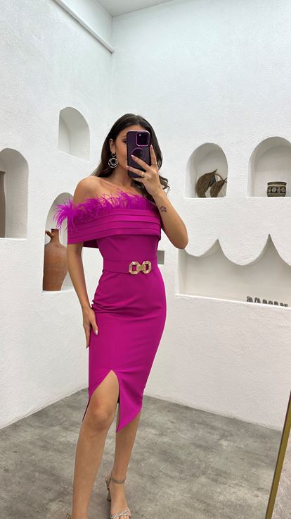 Fuchsia Boat Neck Evening Dress with Feathered Bust