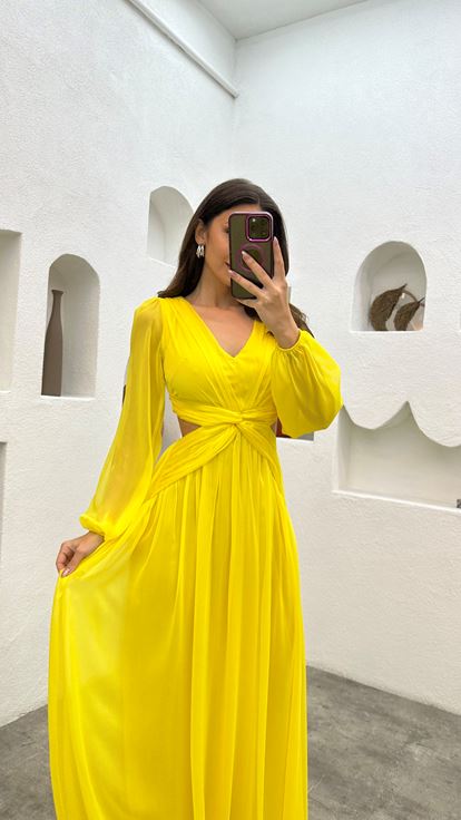 Yellow Waist Detail Chiffon Evening Dress