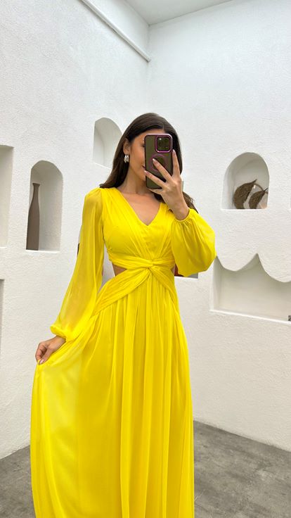 Yellow Waist Detail Chiffon Evening Dress