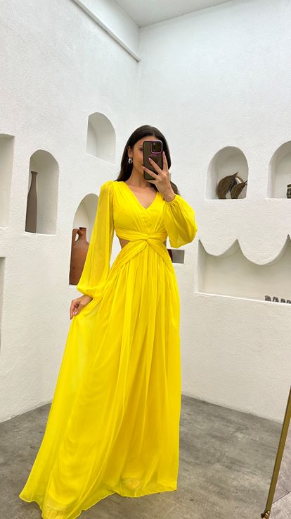 Yellow Waist Detail Chiffon Evening Dress