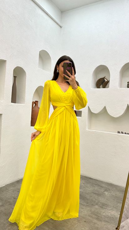 Yellow Waist Detail Chiffon Evening Dress