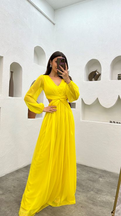 Yellow Waist Detail Chiffon Evening Dress