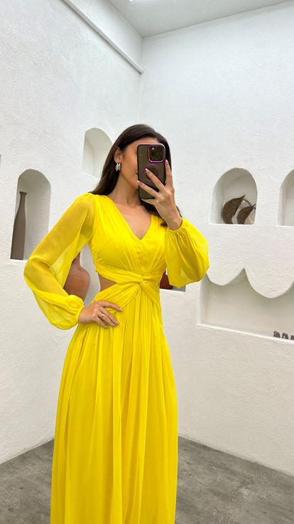 Yellow Waist Detail Chiffon Evening Dress