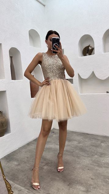 Beigefarbenes Abendkleid aus Tüll mit Pailletten auf der Brust