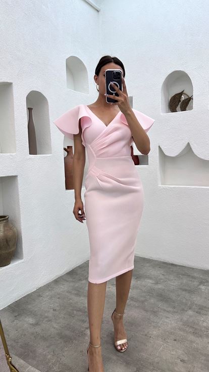 Polvere volano manicotto drappeggiato Midi Lunghezza vestito