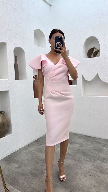 Polvere volano manicotto drappeggiato Midi Lunghezza vestito