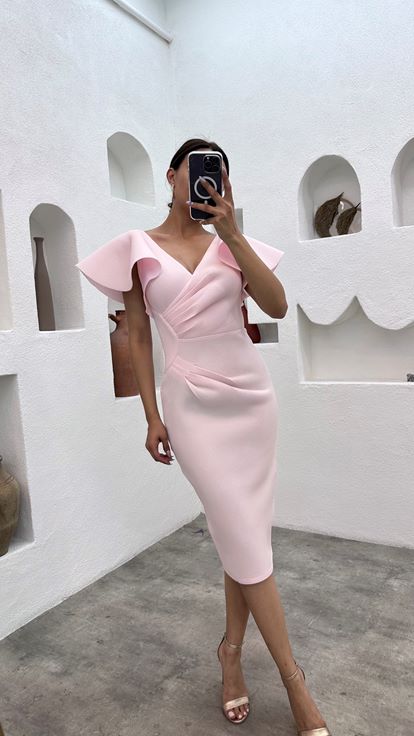 Polvere volano manicotto drappeggiato Midi Lunghezza vestito