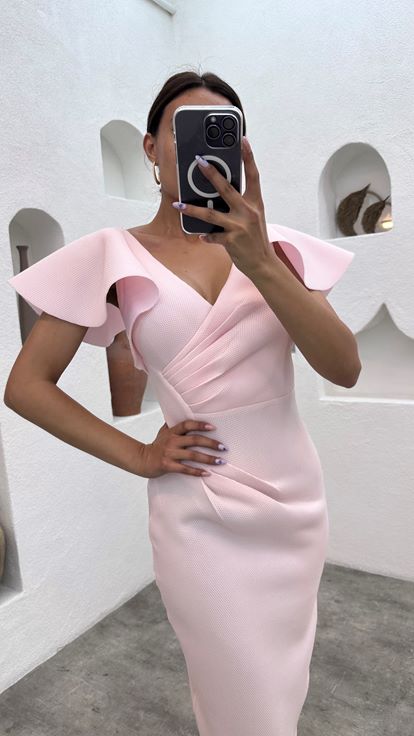 Polvere volano manicotto drappeggiato Midi Lunghezza vestito