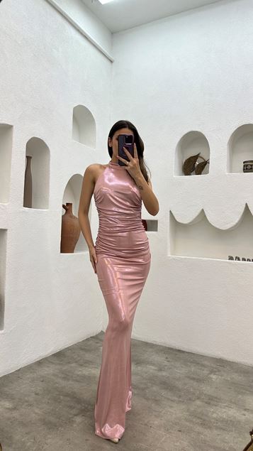 Pudra Boyun Detay Drapeli Elbise