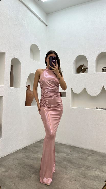 Pudra Boyun Detay Drapeli Elbise