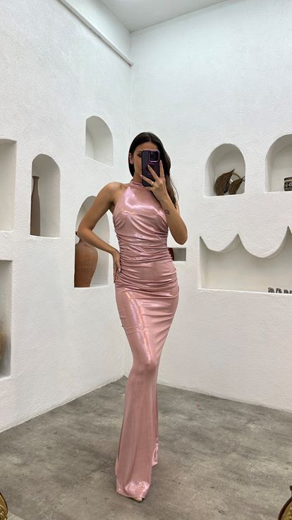 Pudra Boyun Detay Drapeli Elbise