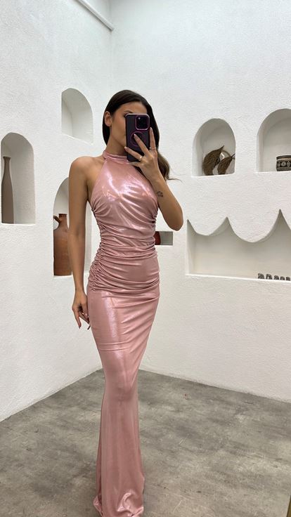 Pudra Boyun Detay Drapeli Elbise