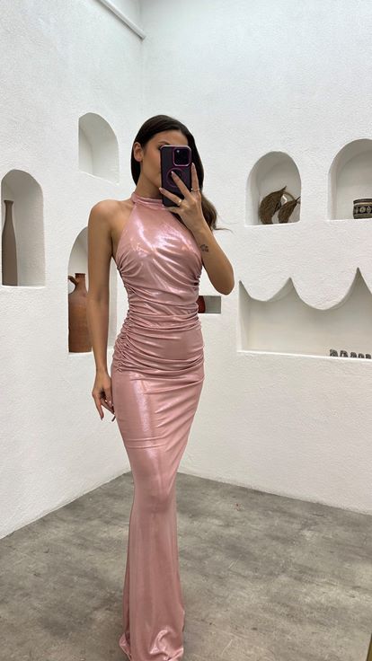 Pudra Boyun Detay Drapeli Elbise