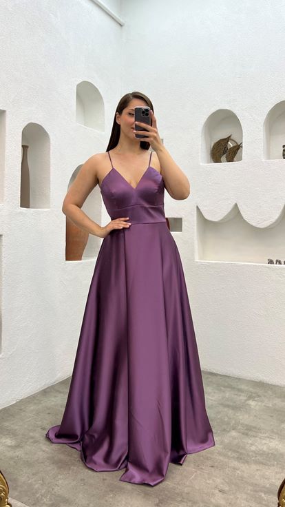 Mürdüm İp Askılı Saten Büyük Beden Abiye Elbise