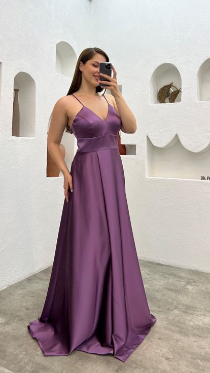 Mürdüm İp Askılı Saten Büyük Beden Abiye Elbise