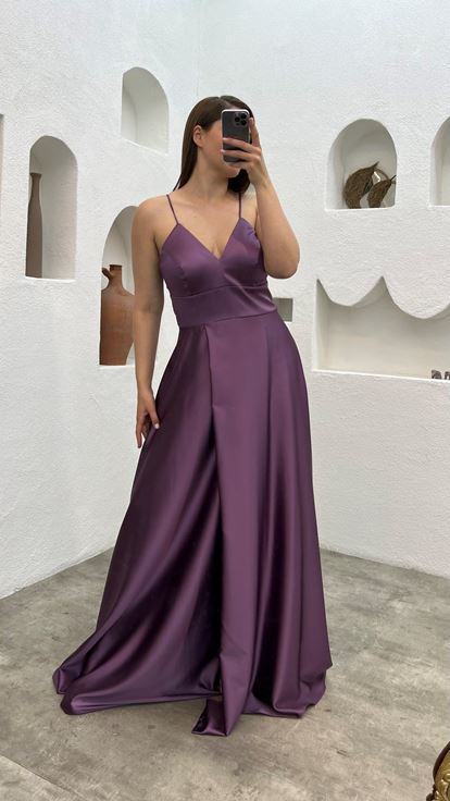 Mürdüm İp Askılı Saten Büyük Beden Abiye Elbise