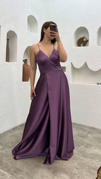 Mürdüm İp Askılı Saten Büyük Beden Abiye Elbise