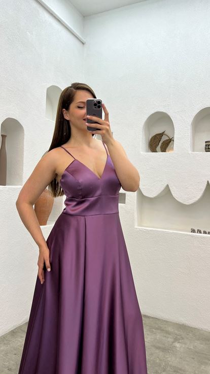 Mürdüm İp Askılı Saten Büyük Beden Abiye Elbise