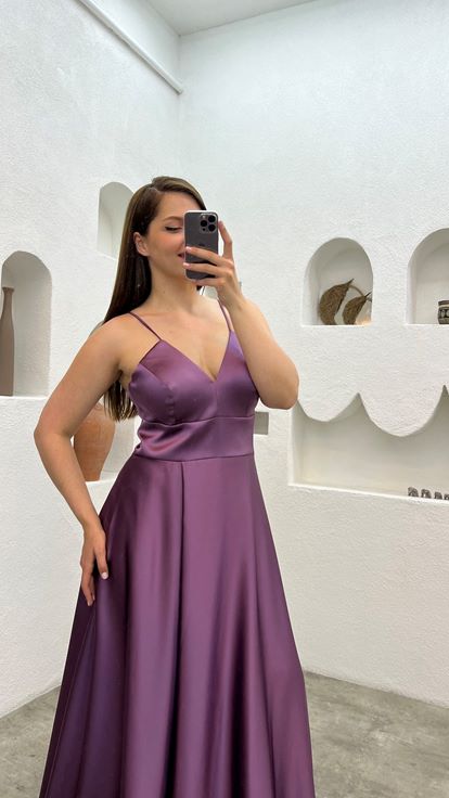 Mürdüm İp Askılı Saten Büyük Beden Abiye Elbise