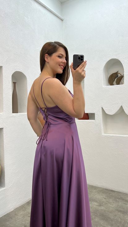 Mürdüm İp Askılı Saten Büyük Beden Abiye Elbise