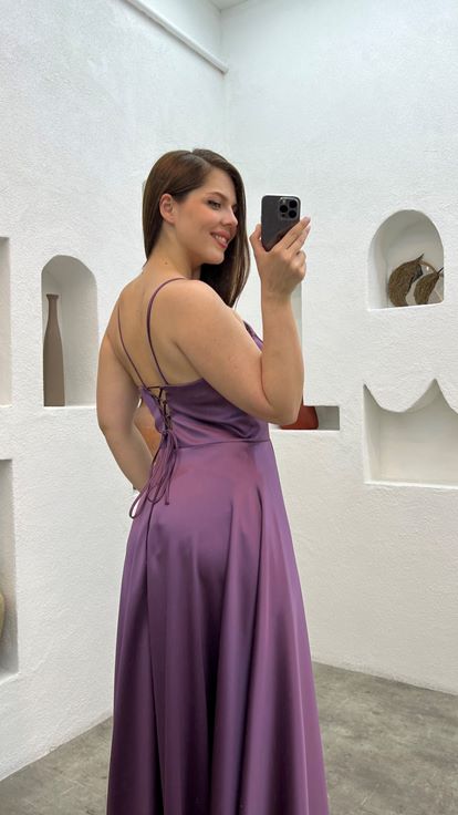 Mürdüm İp Askılı Saten Büyük Beden Abiye Elbise