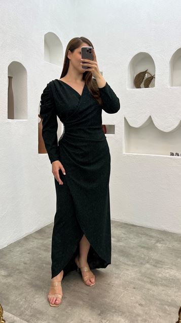 Zümrüt Beli Büzgülü Büyük Beden Abiye Elbise