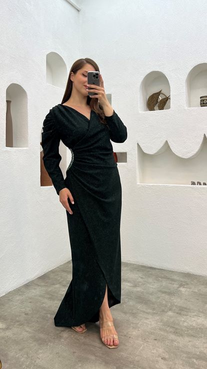 Zümrüt Beli Büzgülü Büyük Beden Abiye Elbise