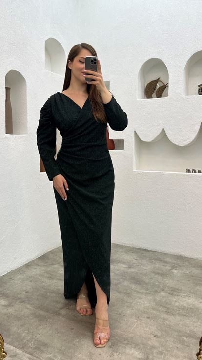 Zümrüt Beli Büzgülü Büyük Beden Abiye Elbise