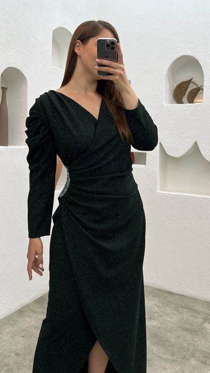 Zümrüt Beli Büzgülü Büyük Beden Abiye Elbise