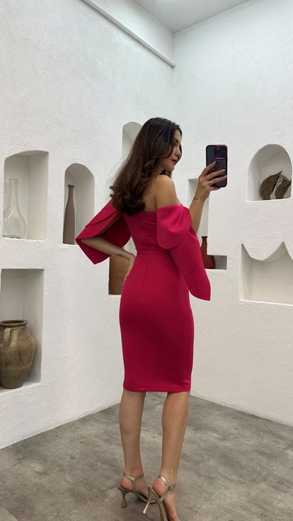 Red One Shoulder Layered Pencil Dress With Belt