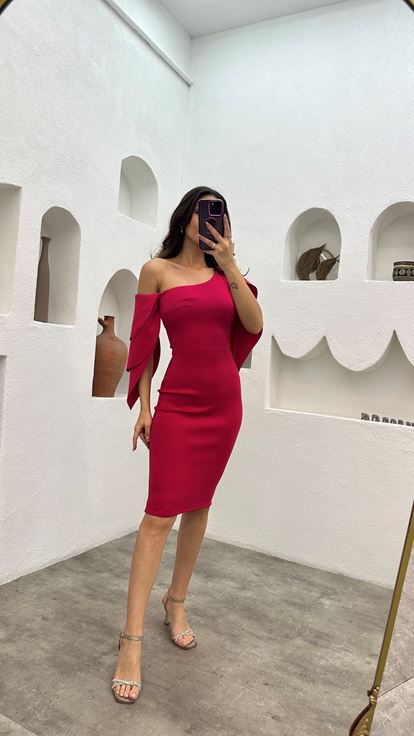 Red One Shoulder Layered Pencil Dress With Belt