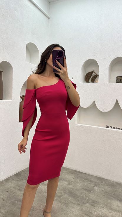 Red One Shoulder Layered Pencil Dress With Belt