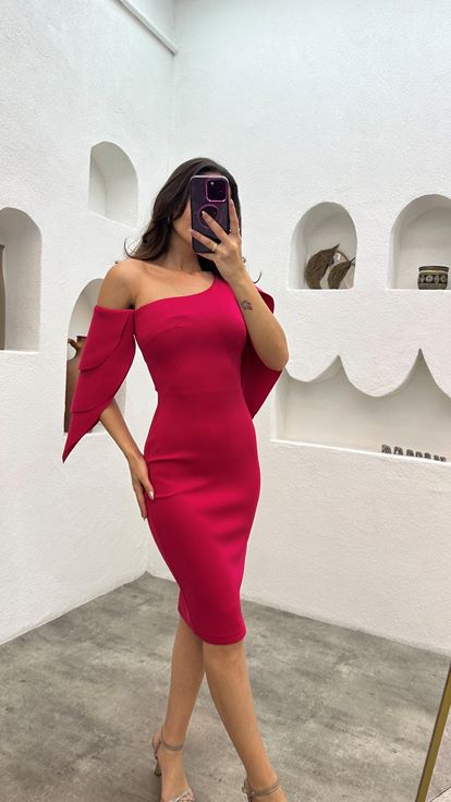 Red One Shoulder Layered Pencil Dress With Belt