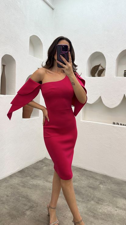 Red One Shoulder Layered Pencil Dress With Belt