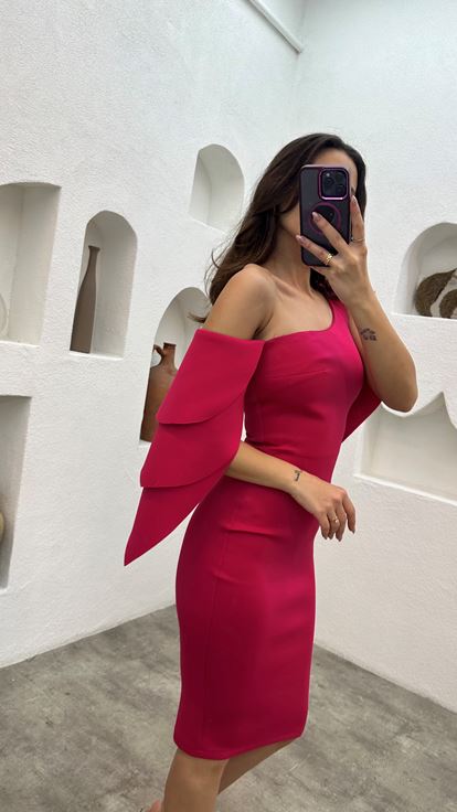 Red One Shoulder Layered Pencil Dress With Belt