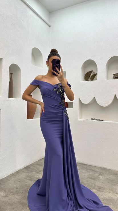 Lilac Single Sleeve Draped Embroidered Design Evening Dress