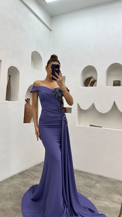 Lilac Single Sleeve Draped Embroidered Design Evening Dress