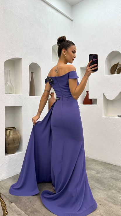 Lilac Single Sleeve Draped Embroidered Design Evening Dress
