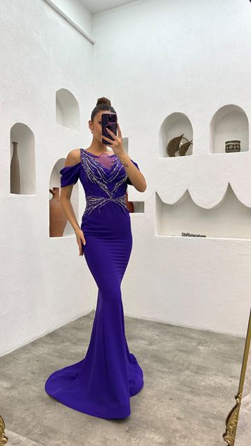 Mor Balon Kol İşlemeli Bel Detay Abiye Elbise