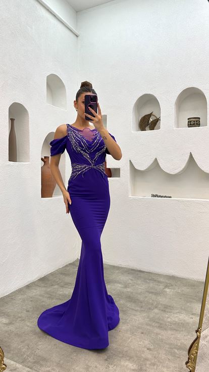 Purple Balloon Sleeve Ricamato Abito da sera con dettaglio in vita