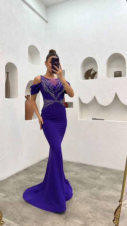Purple Balloon Sleeve Ricamato Abito da sera con dettaglio in vita