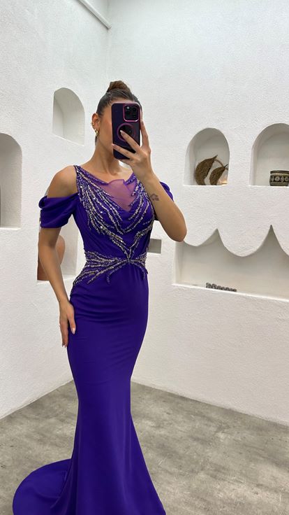 Purple Balloon Sleeve Ricamato Abito da sera con dettaglio in vita