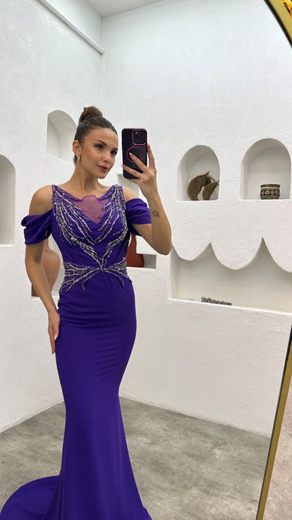 Purple Balloon Sleeve Ricamato Abito da sera con dettaglio in vita