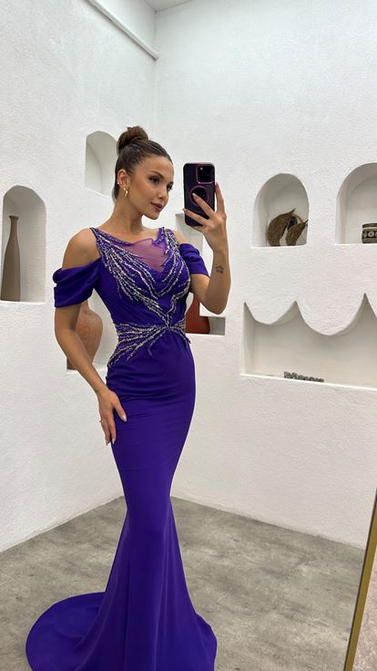 Purple Balloon Sleeve Ricamato Abito da sera con dettaglio in vita