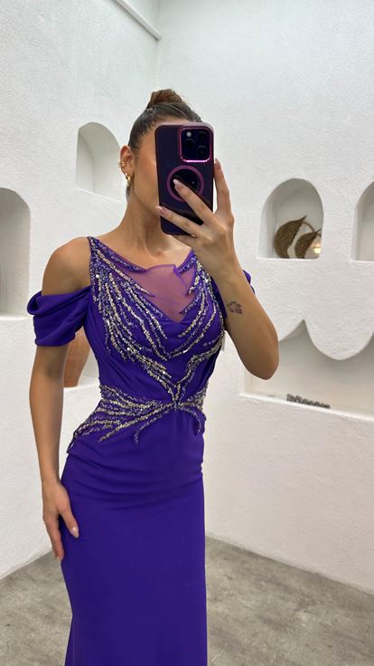 Purple Balloon Sleeve Ricamato Abito da sera con dettaglio in vita