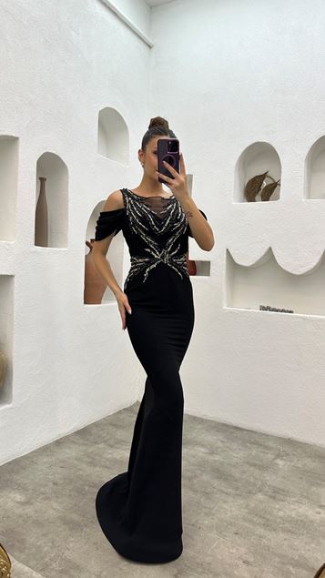 أسود بالون كم مطرز الخصر التفاصيل تصميم فستان سهرة