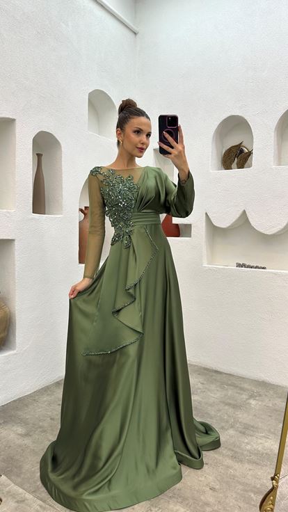 Khaki Embroidered Layered Tulle Detailed Design Satin Evening Dress